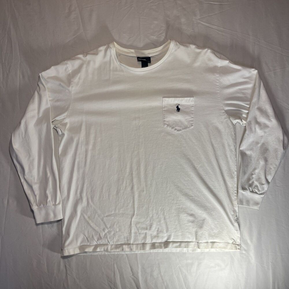 Y2K Polo Ralph Lauren T Shirt Mens XL White Logo Pocket Tee Long Sleeve VTG